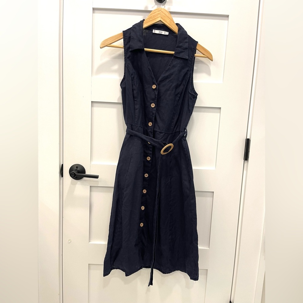 Mango MNG blue linen button up dress 4 - Picture 2 of 7